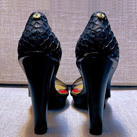 Vintage CHARLES JOURDAN PARIS Open Toe Leather T-Strap Platform High Heels Black - Picture 10 of 15